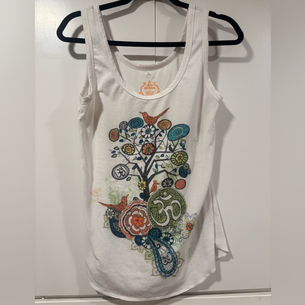 Prana White Tank Top with Multicolor Floral Tree Graphic